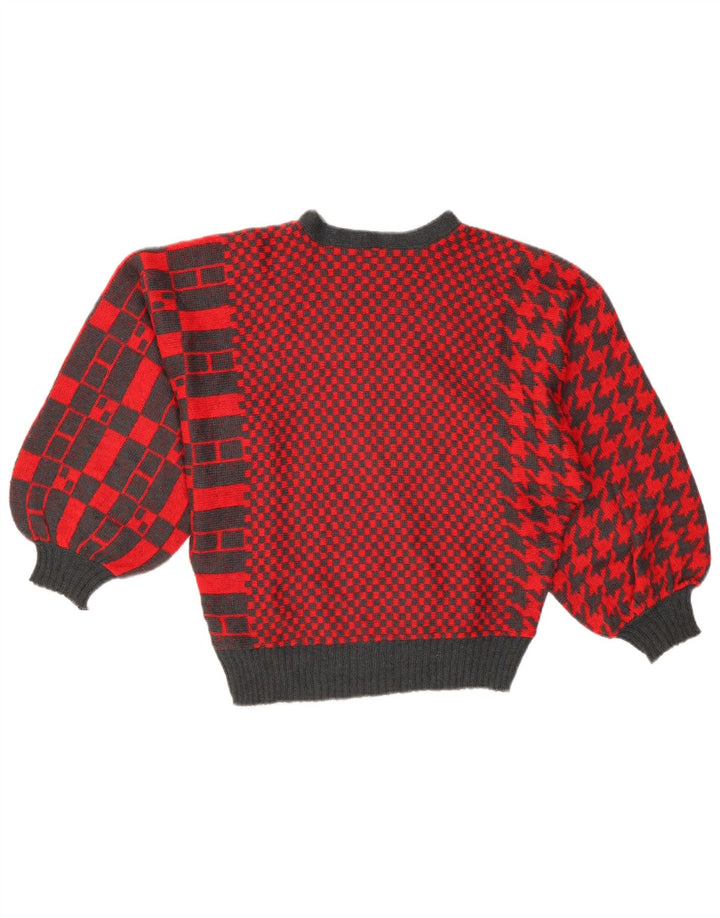 Maglione da donna vintage con scollo a barca UK 14 Grande acrilico patchwork rosso