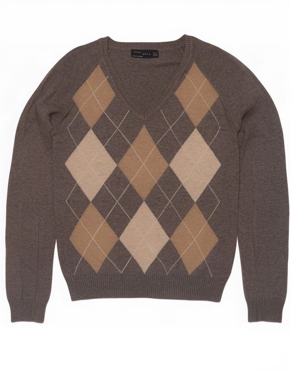 Maglione corto con scollo a V da donna Zara UK 14 Grande grigio a rombi/diamante