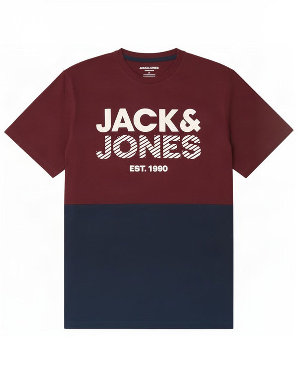 T-shirt grafica da uomo Jack & Jones Top in cotone color block bordeaux medio