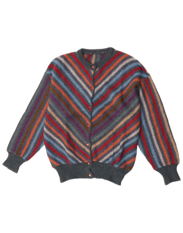Maglione cardigan da donna vintage UK 14 lana a righe multicolori medie