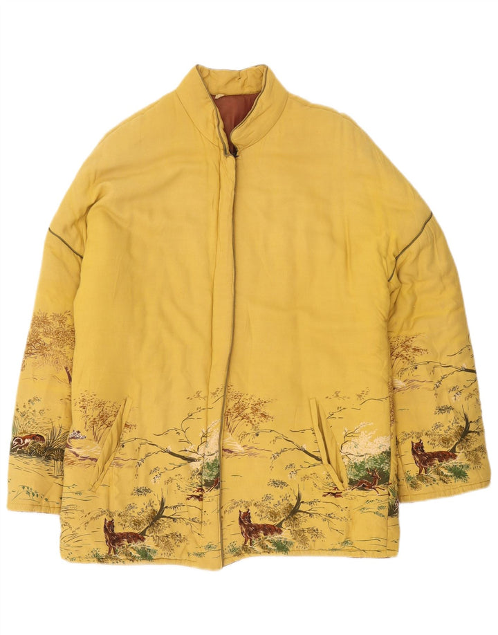 Giacca imbottita da donna vintage UK 16 grande poliestere giallo con stampa animalier