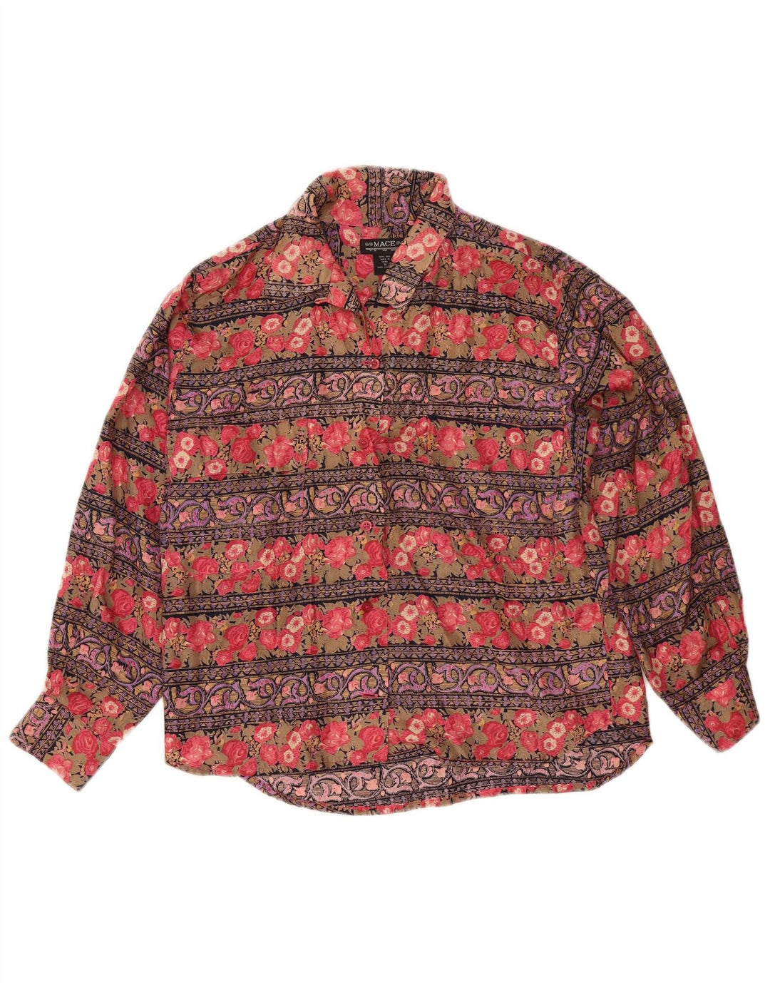 Camicetta camicia vintage da donna UK 14 Seta floreale multicolore media