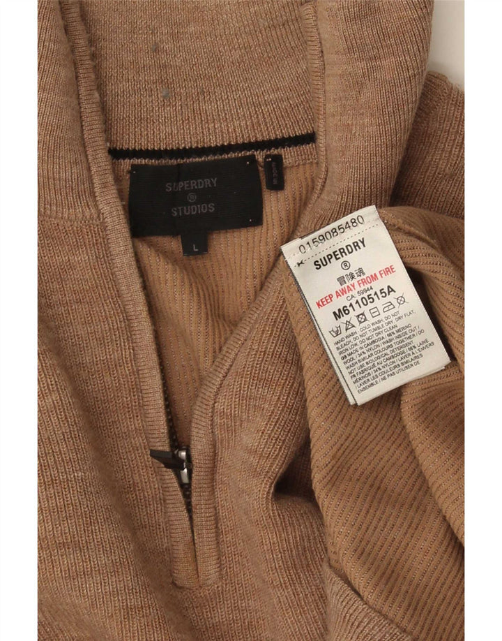 Maglione da uomo con collo con zip Superdry, grande lana merino marrone