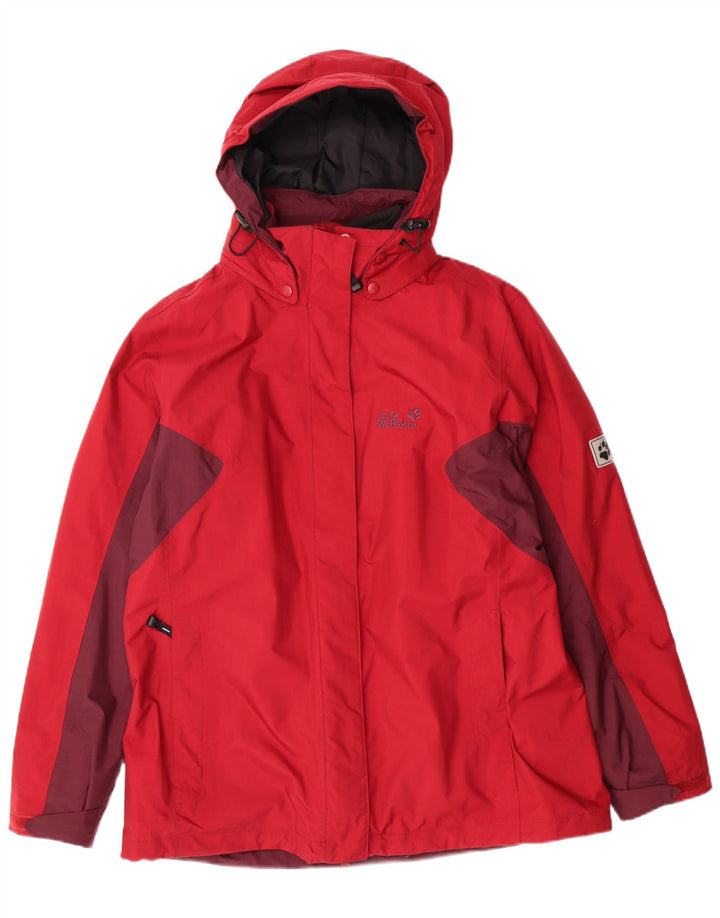 JACK WOLFSKIN Giacca antipioggia da donna con cappuccio UK 16 Large Rosso Colorblock