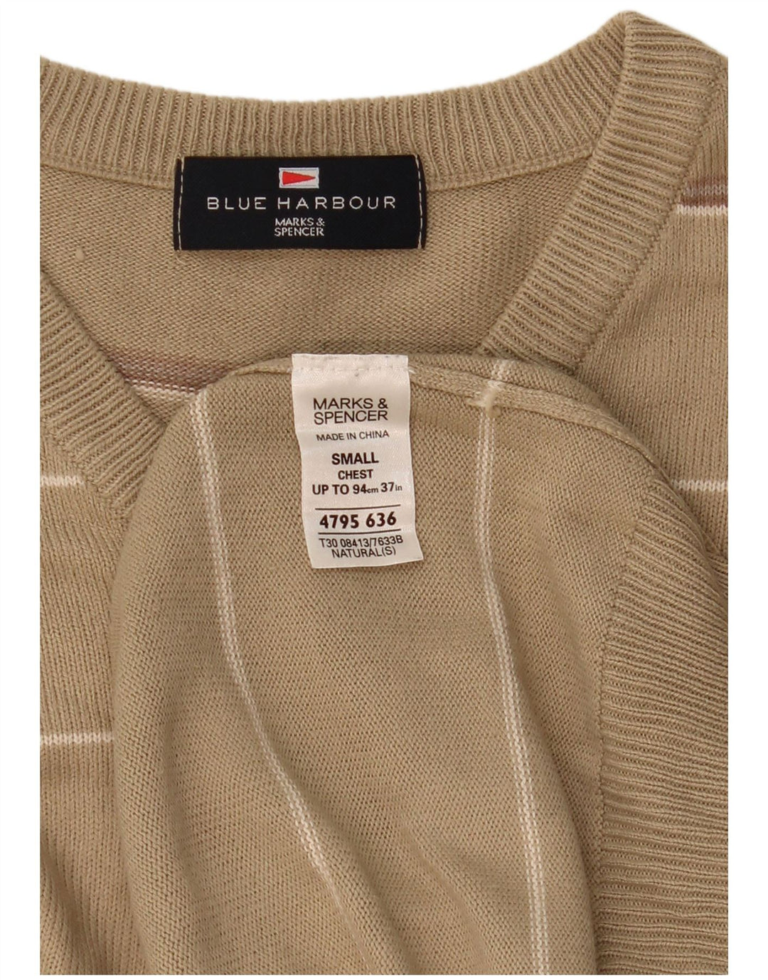 Maglione da uomo Marks & Spencer con scollo a V blu Harbour, a righe piccole beige