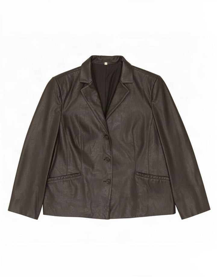 Giacca blazer in pelle vintage da donna a 3 bottoni UK 20 2XL nera