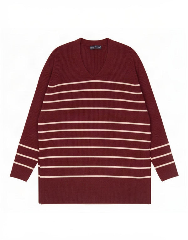 Maglione con scollo a V da donna Marks & Spencer UK 14 Grandi righe bordeaux