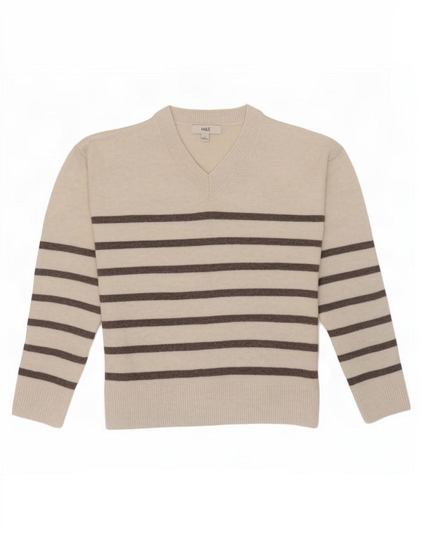 Maglione maglione con scollo a V da donna Marks & Spencer UK 10 piccolo a righe bianco sporco