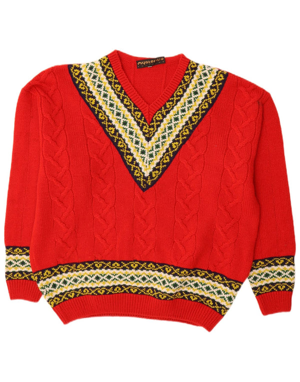 Maglione vintage da uomo con scollo a V XL in lana Fair Isle rossa