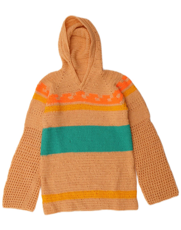 Maglione maglione all'uncinetto con cappuccio da donna VINTAGE UK 10 piccolo a righe beige