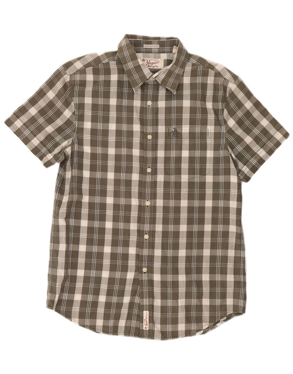 Penguin Heritage Camicia da uomo a maniche corte slim fit in cotone a quadri kaki medio
