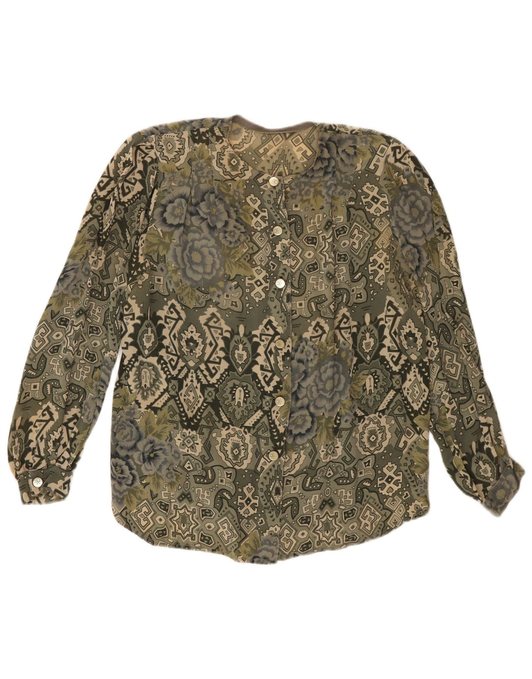 Camicetta camicia vintage da donna UK 16 grande kaki geometrica