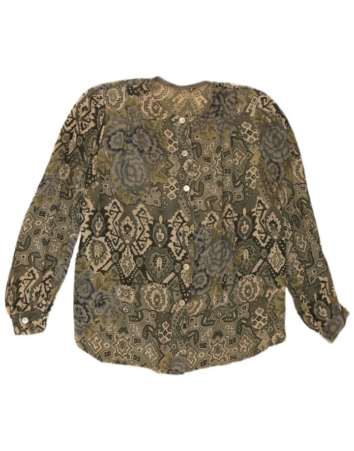 Camicetta camicia vintage da donna UK 16 grande kaki geometrica