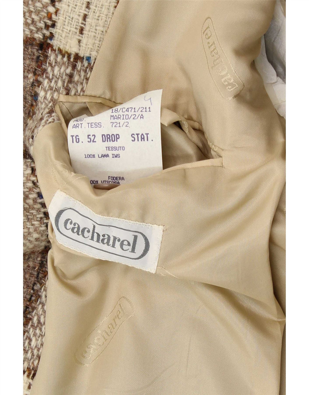 Giacca blazer da uomo a 2 bottoni Cacharel IT 52 XL Lana a quadri beige