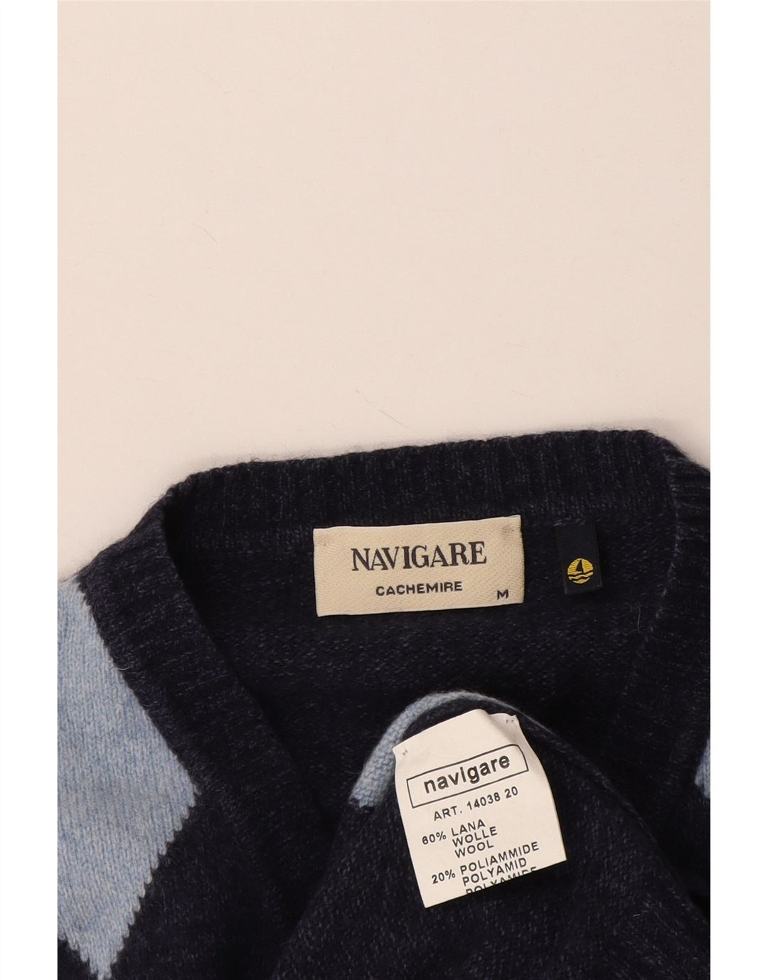 Maglione da uomo con scollo a V Navigare, lana media, blu navy, a rombi/diamante