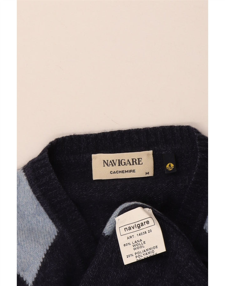 Maglione da uomo con scollo a V Navigare, lana media, blu navy, a rombi/diamante