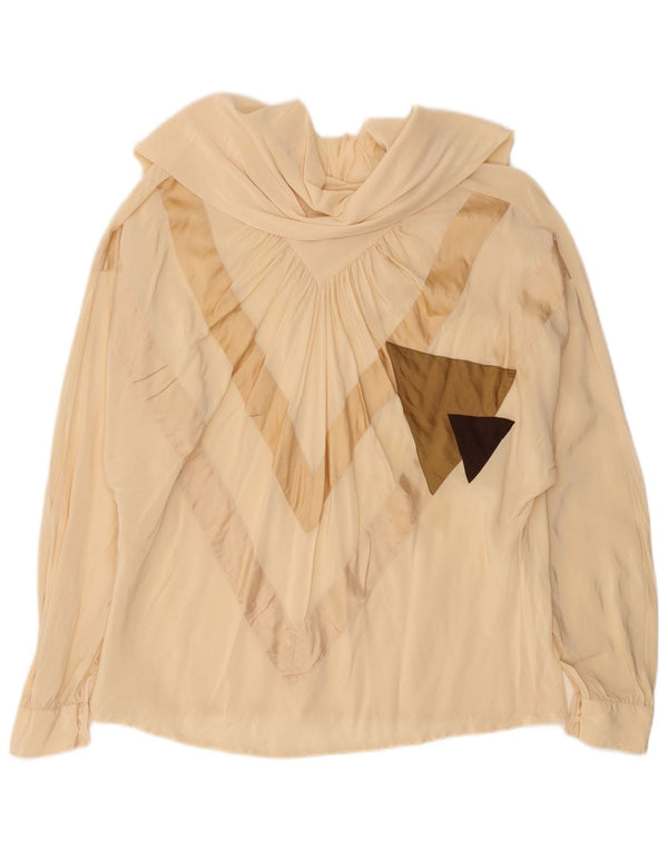 Top camicetta a maniche lunghe da donna vintage UK 14 Seta geometrica beige grande