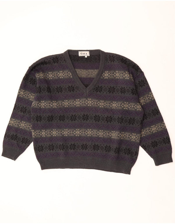 GALA Maglione oversize da donna con scollo a V UK 16 Large Purple Fair Isle