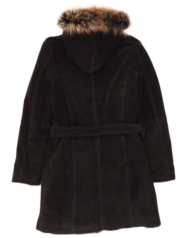 Conbipel Womens Hooded Suede Overcoat IT 46 Large Black Leather