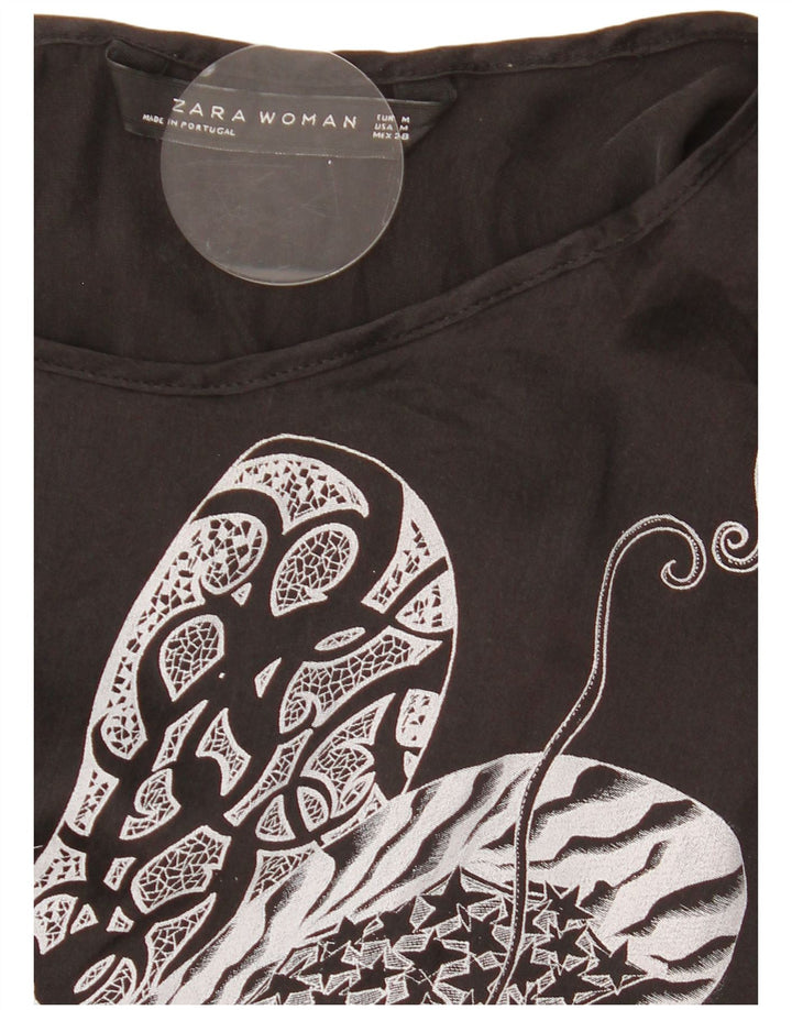 Top ZARA da donna con grafica oversize a maniche lunghe UK 14 medio nero floreale