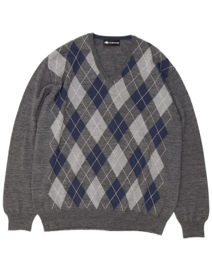 Il Granchio Maglione da uomo con scollo a V, grande lana grigia a rombi/diamante