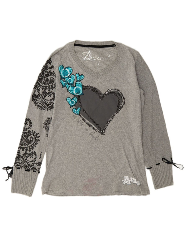 Desigual Donna Graphic Top Manica Lunga UK 14 Grande Cotone Paisley Grigio