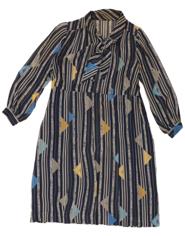 Vintage Womens Long Sleeve A-Line Dress UK 14 Large Navy Blue Striped