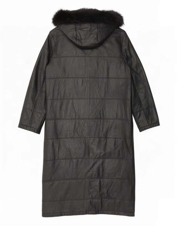 Cappotto vintage in pelle imbottito con cappuccio da donna UK 14 grande nero