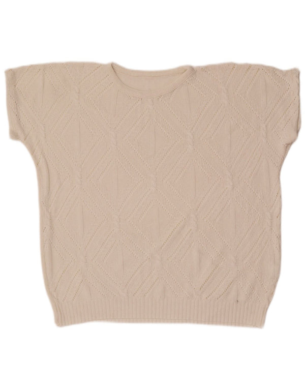 Maglione maglione girocollo da donna vintage UK 14 bianco medio geometrico