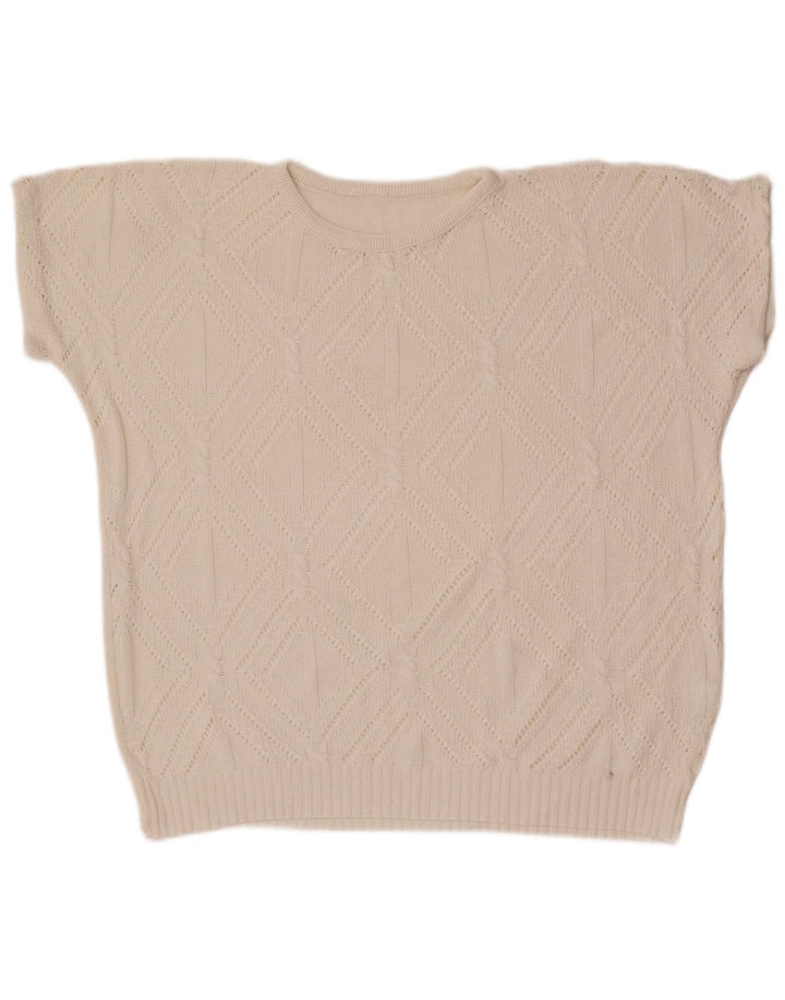 Maglione maglione girocollo da donna vintage UK 14 bianco medio geometrico