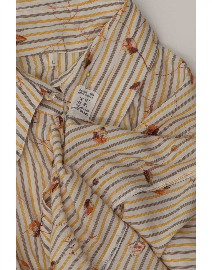 Camicia vintage da donna con maniche a 3/4 UK 16 Grande poliestere a righe beige