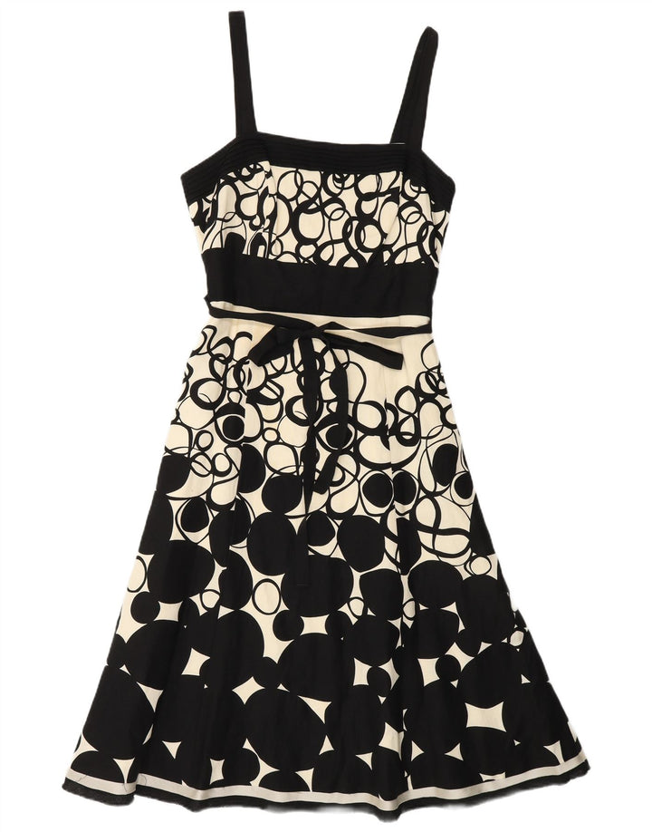 MONSOON Abito da donna senza maniche a trapezio UK 10 Piccolo lino geometrico nero