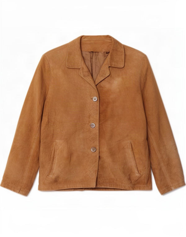 Giacca blazer vintage da donna in pelle scamosciata a 3 bottoni UK 14 grande beige