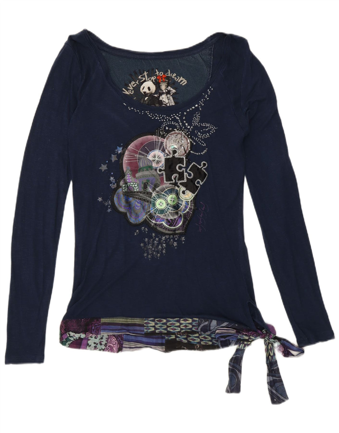 Desigual Donna Abstract Pattern Camicetta Top UK 10 Small Blu Navy