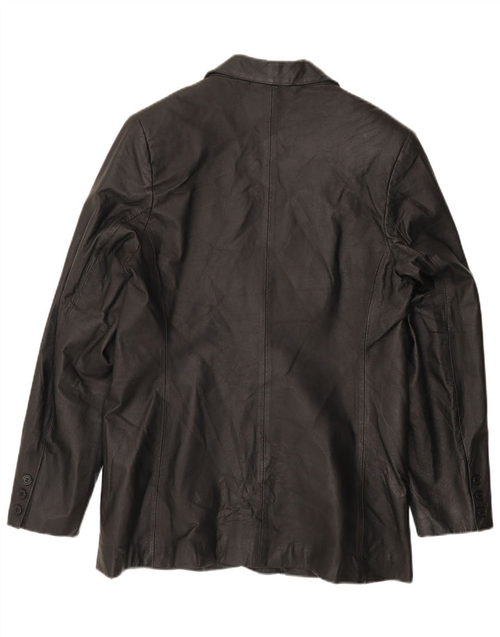 Giacca blazer in pelle da donna a 2 bottoni VINTAGE UK 14 grande in pelle nera
