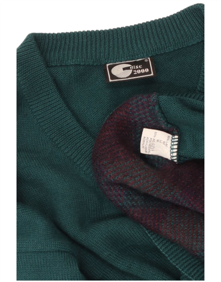 Maglione vintage da donna con scollo a V IT 50 XL Lana verde a rombi/diamante