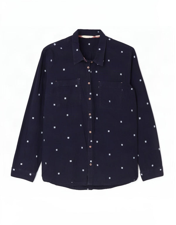 White Stuff Womens 3/4 Sleeve Shirt UK 12 Medium Navy Blue Geometric Cotton