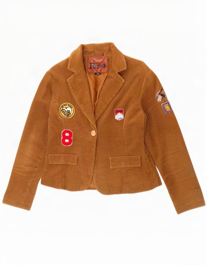 Giacca blazer in velluto a coste a 1 bottone Replay da donna UK 14 grande cotone kaki