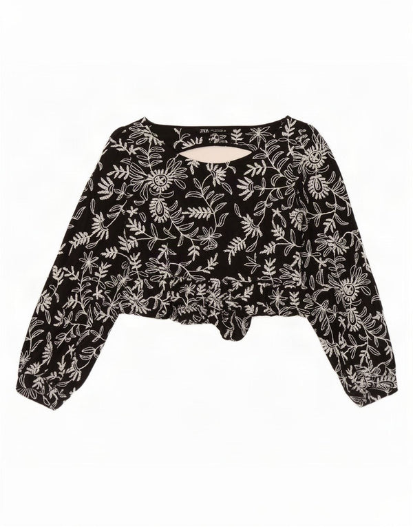 Top corto a maniche lunghe da donna Zara UK 12 cotone floreale nero medio