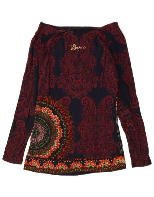 DESIGUAL Womens Graphic Top Long Sleeve UK 12 Medium Navy Blue Paisley