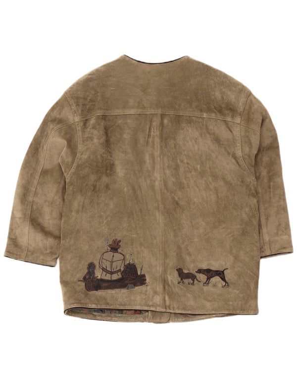 Giacca vintage in pelle scamosciata grafica da caccia da uomo EU 42 grande stampa animalier kaki