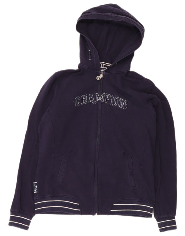Maglione con cappuccio e zip grafica da donna CHAMPION UK 16 Large in cotone blu navy