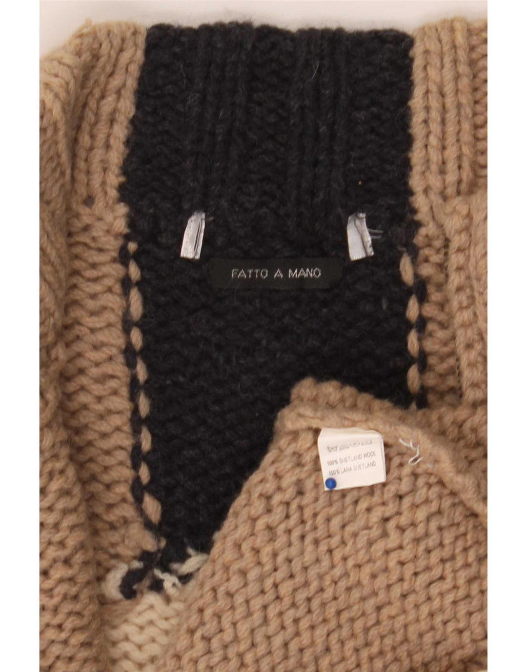 Fatto a Mano Maglione Cardigan da Uomo con Zip Intera Grande in Lana Colorblock Beige