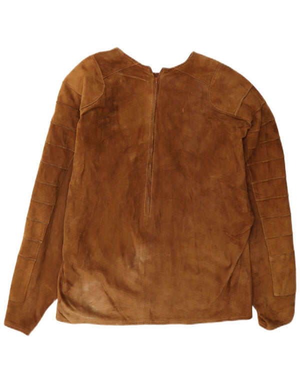 Top vintage in camicetta scamosciata a maniche lunghe da donna, corto, UK 16, grande, marrone