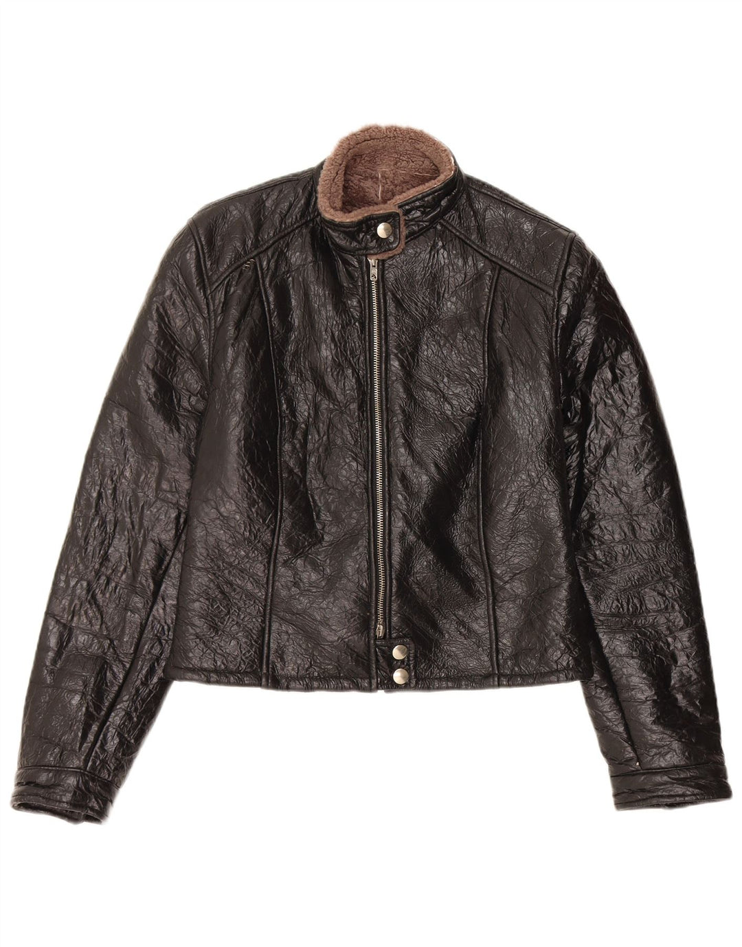 Giacca in shearling vintage da donna UK 14 in pelle nera media