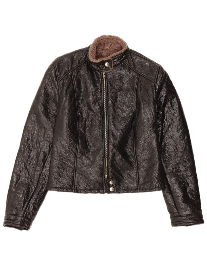 Giacca in shearling vintage da donna UK 14 in pelle nera media