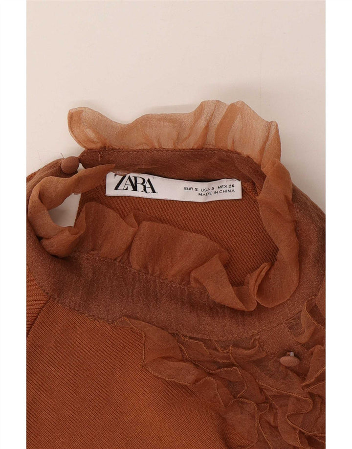 Camicetta da donna Zara con volant sul davanti, taglia UK 8, piccola, in nylon marrone