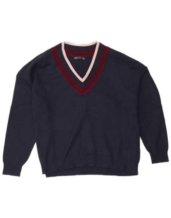 Maglione maglione con scollo a V da donna Marks & Spencer UK 18 XL Blu navy color block
