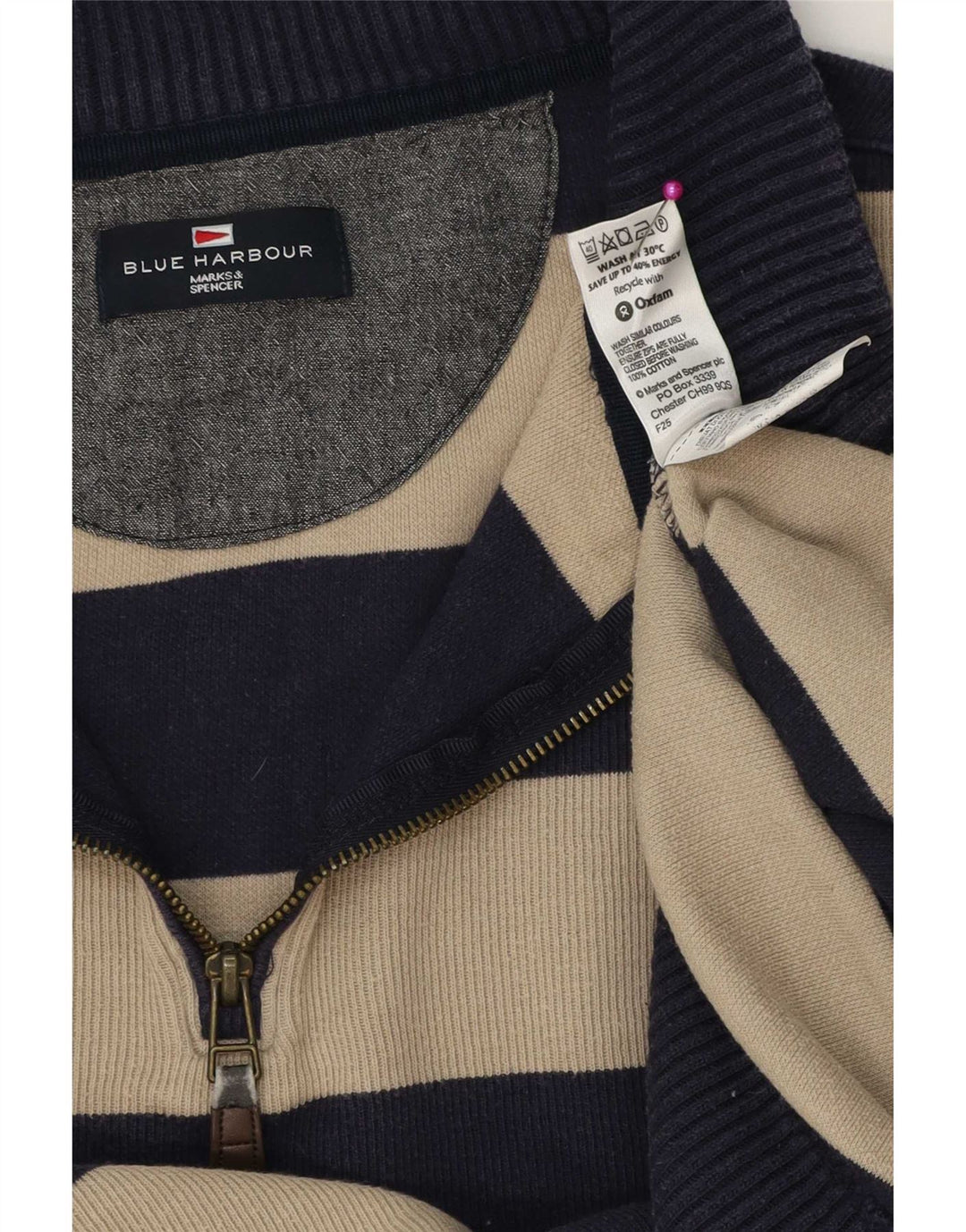 Maglione da uomo Marks & Spencer con zip e collo grande in cotone a righe blu navy