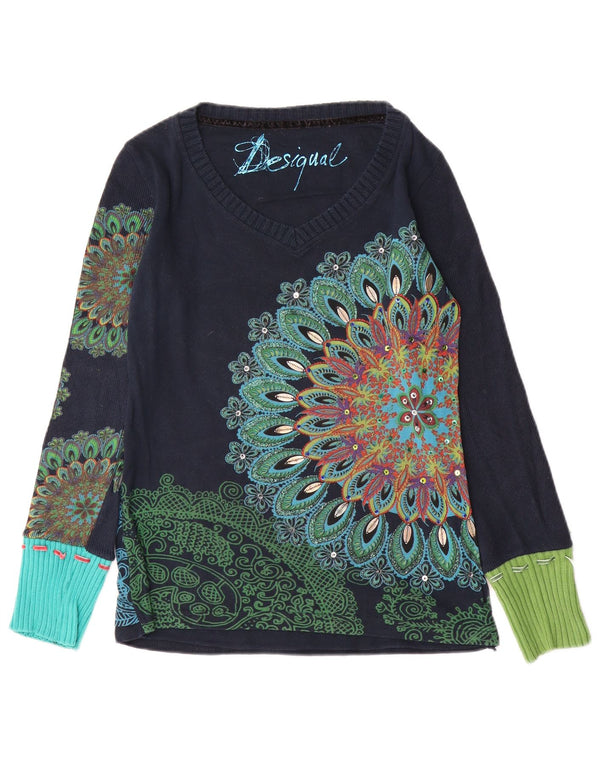 Desigual Donna Graphic Top Manica Lunga UK 10 Piccolo Blu Navy Paisley